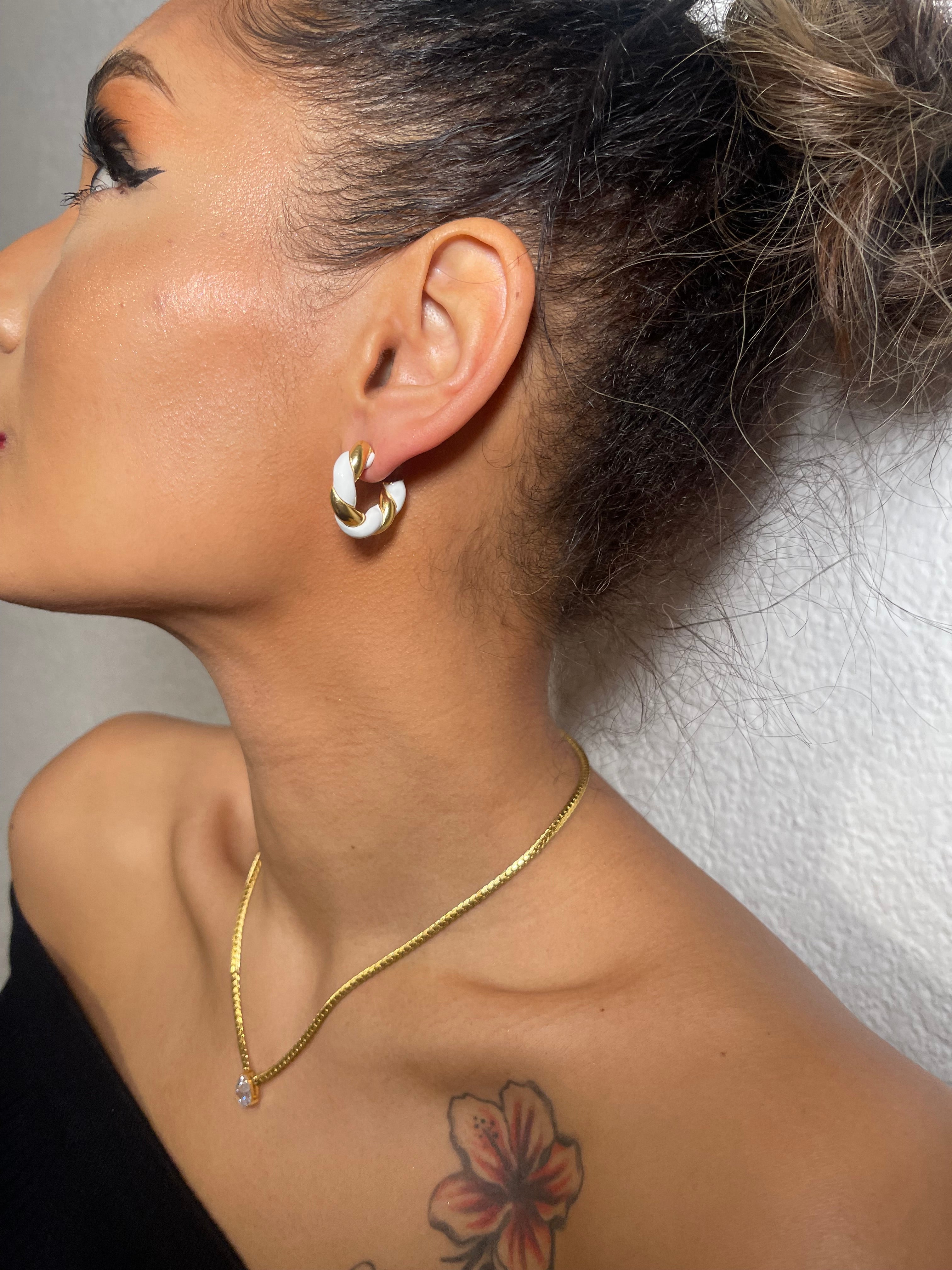 Earrings - CLARA Twisted Hoops in 18K Gold Plated white worn