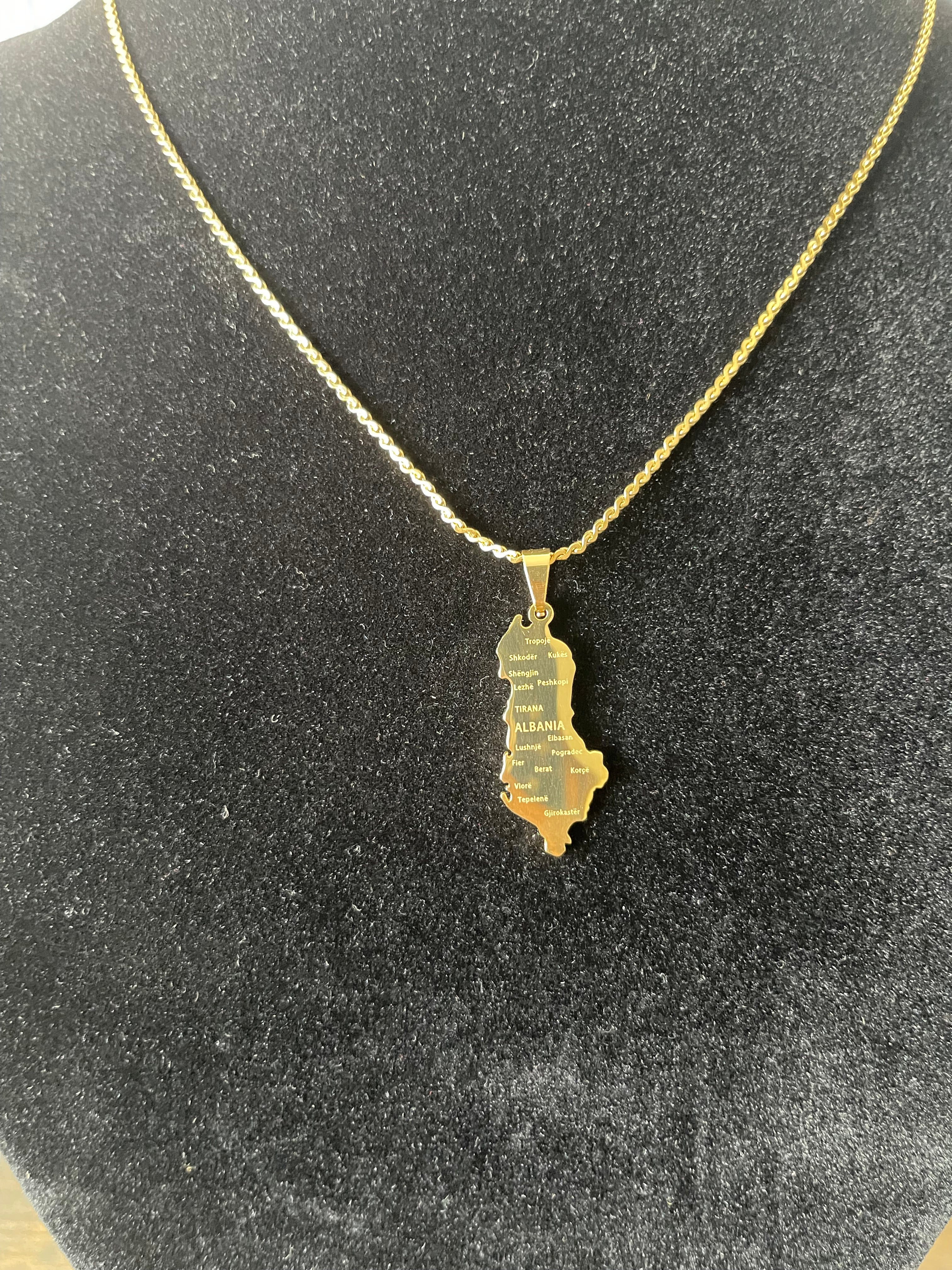 Albania gold necklace, 18k gold plated chain with pendant, durable and stylish jewelry.