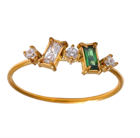 Nina Whisper Ring with baguette-cut stones in gold plating.