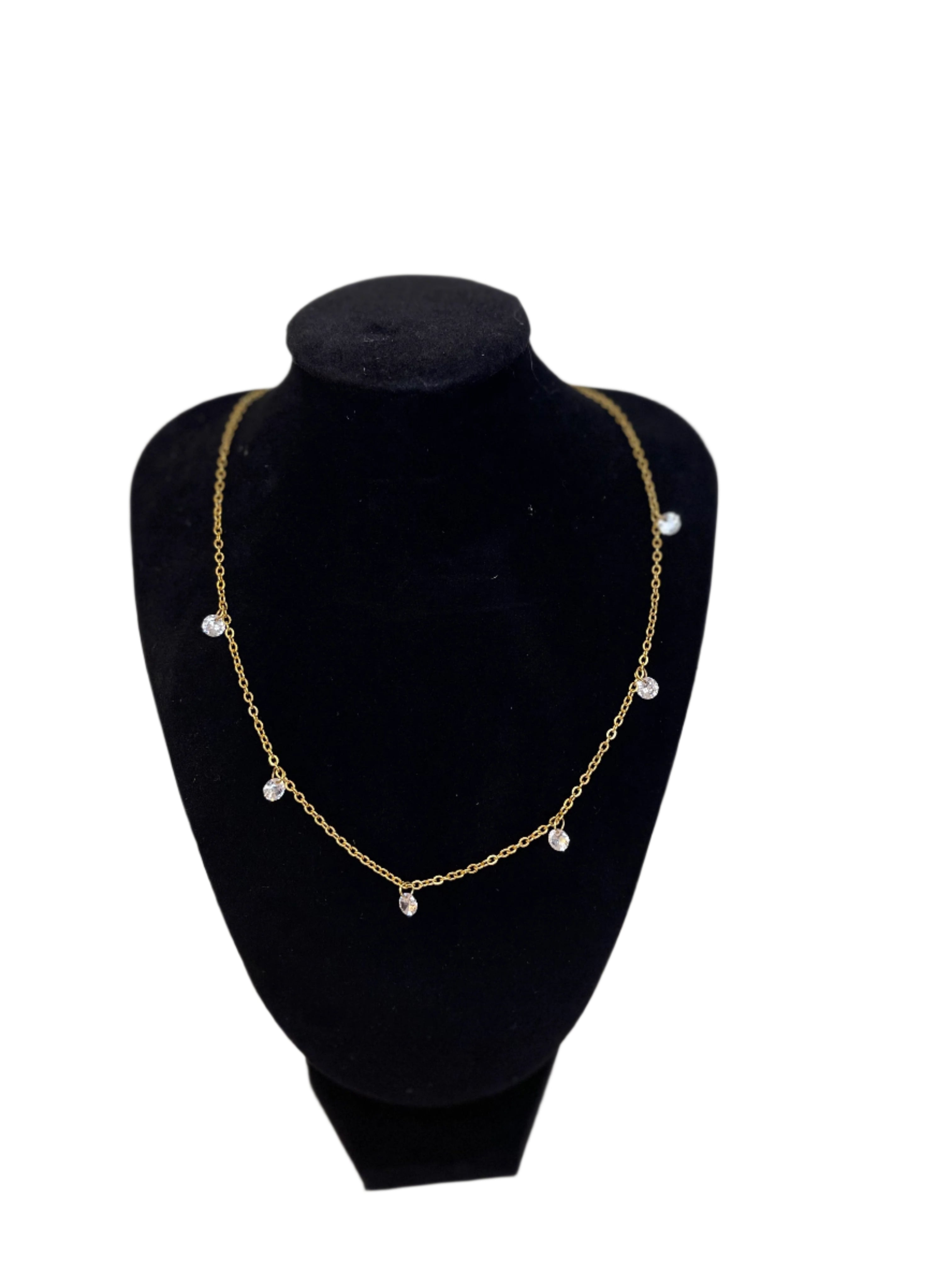 CASSIE dainty Cz choker with 18k gold plated stainless steel and cubic zirconia stones on black display bust
