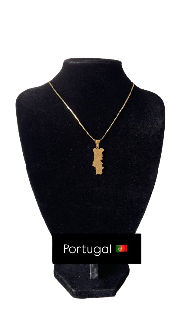 Portugal golden necklace on a black display bust, featuring a gold-plated Portugal map pendant on a 50 cm chain.