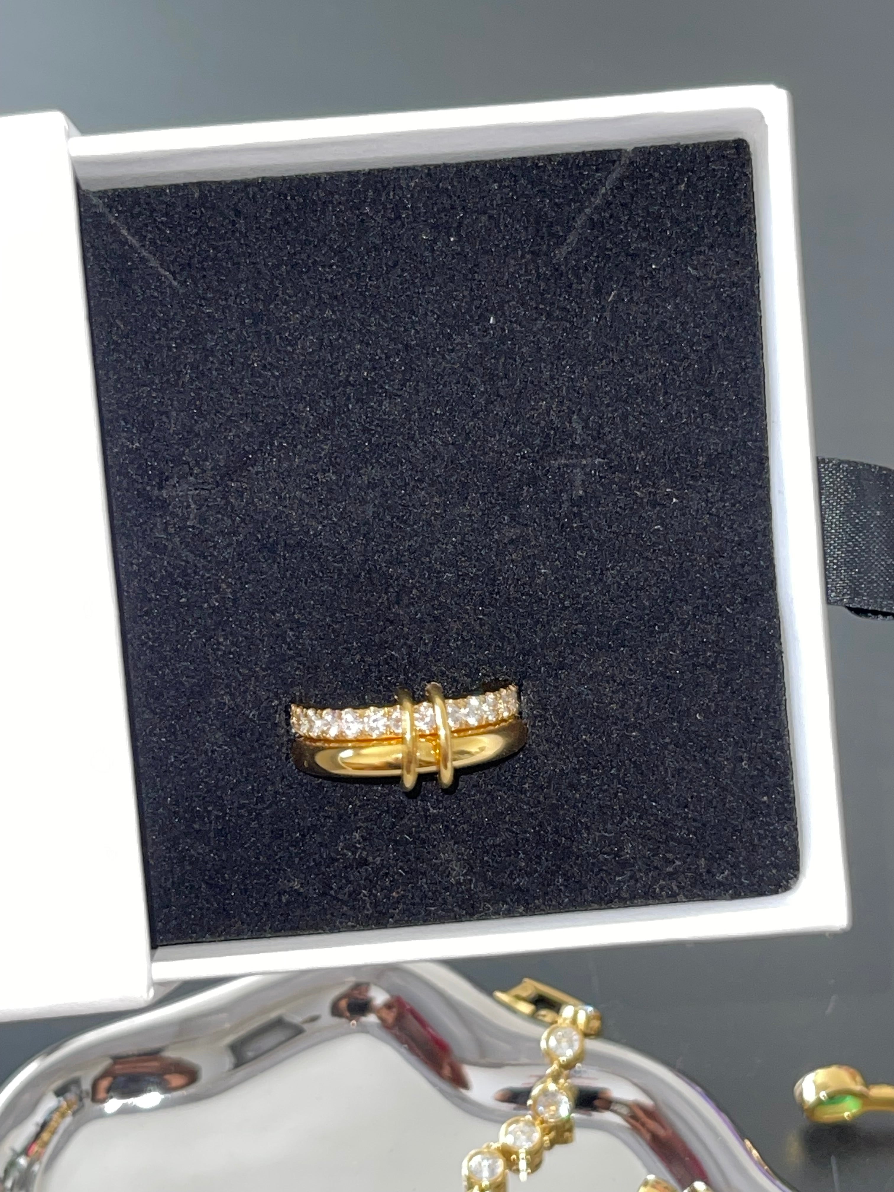 CALISTA Ring 18k gold plated with pavé accents in black jewelry box, bold and elegant design
