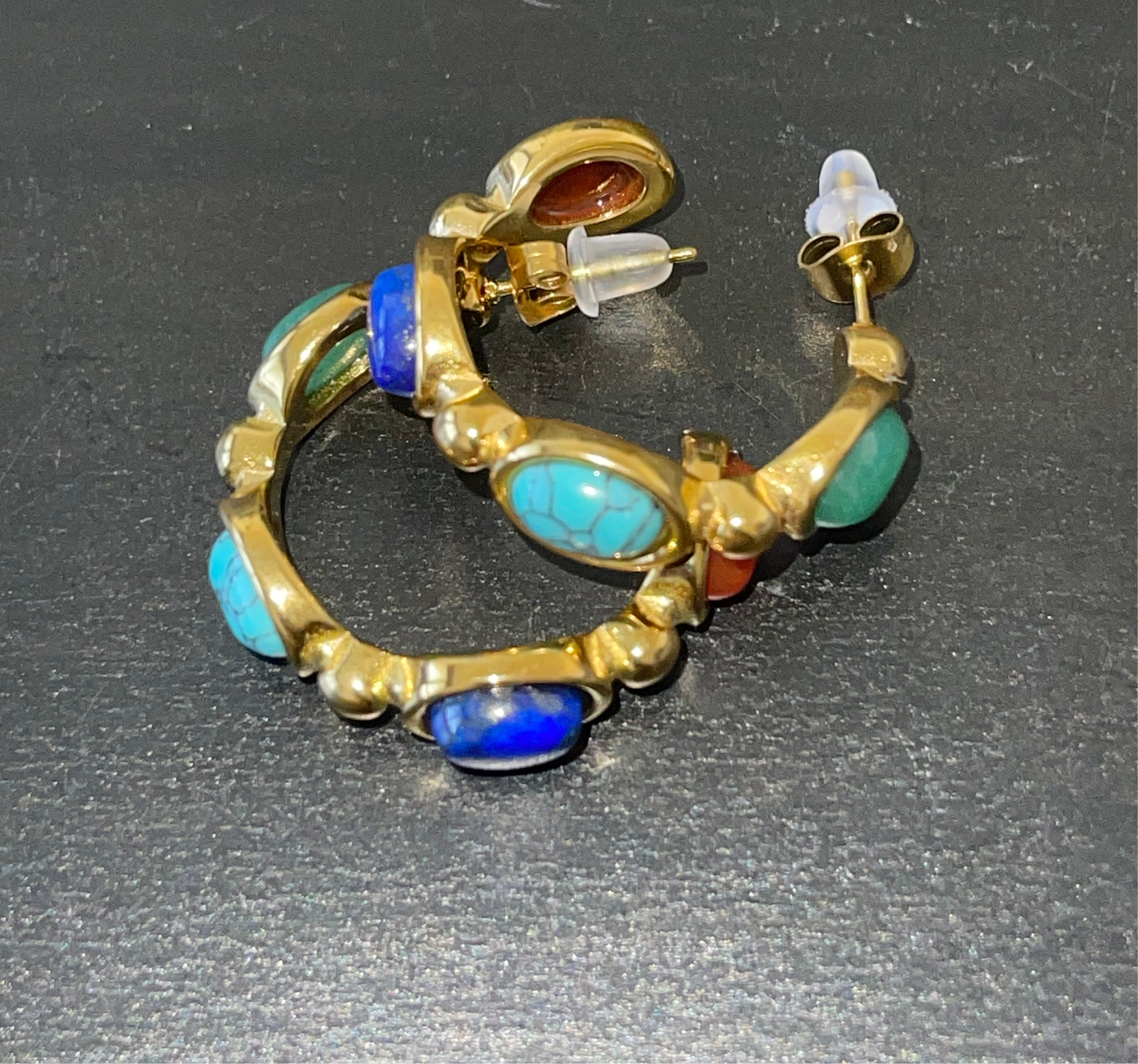 Gold-plated Gina Earrings with green agate, turquoise, and lapis stones in a lightweight, colorful hoop design