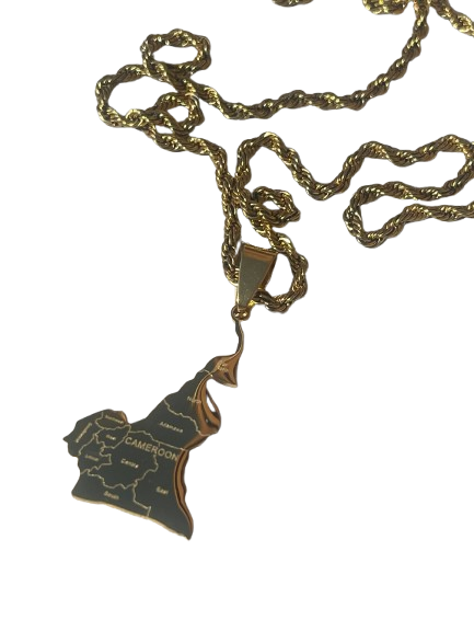CAMEROON 18k Gold Pendant Necklace with map outline, on a twisted gold chain, 20 inches long.