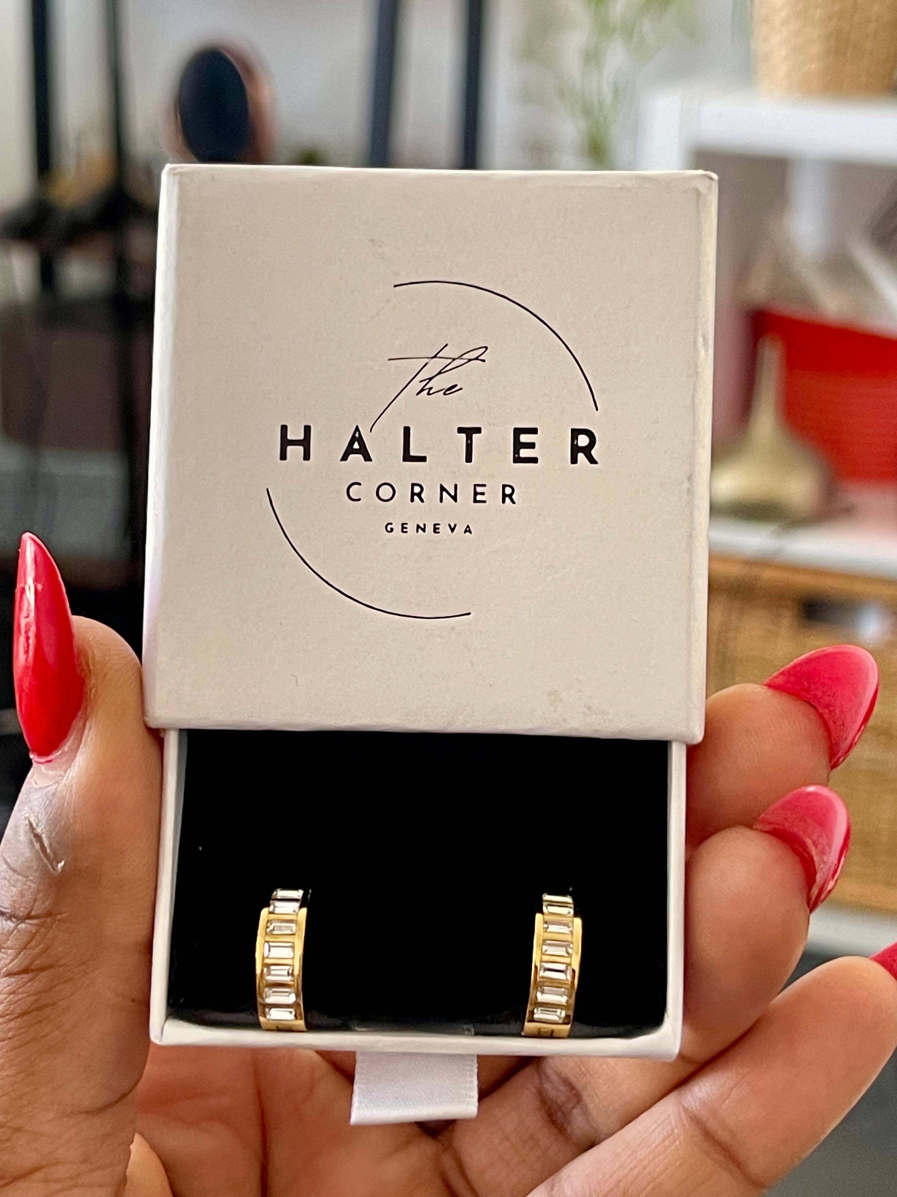 MONROE huggies gold-plated hoops with baguette-cut cubic zirconia stones in elegant gift box