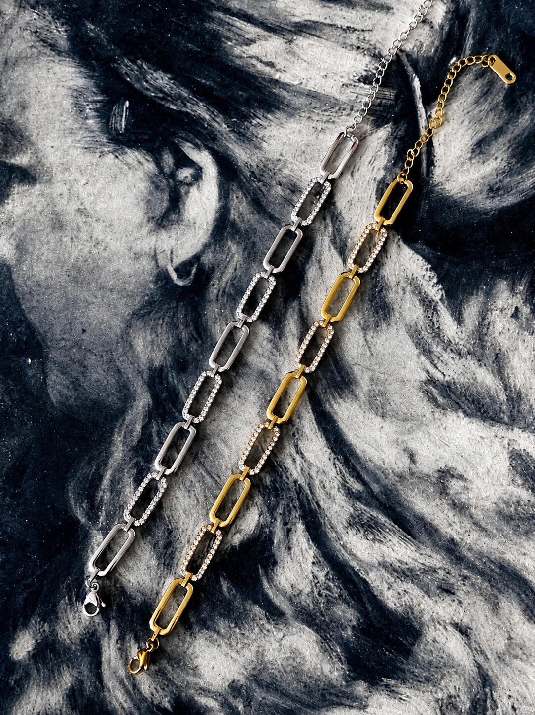 ELODIE Link Bracelet with polished links and pavé crystal accents in gold and silver finish
