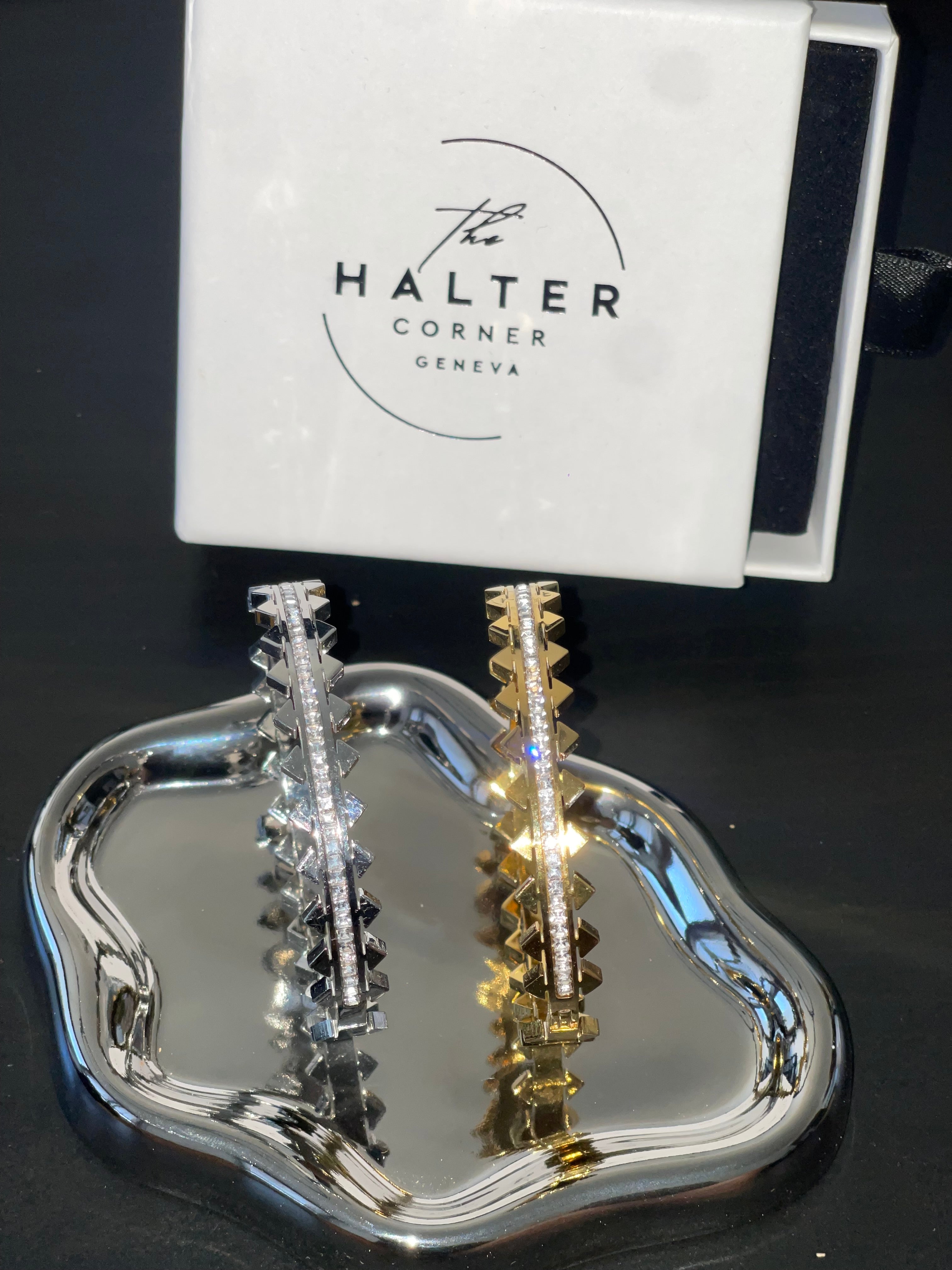 BROOKE Bangles bold geometric stainless steel with sparkling cubic zirconia stones in gold and silver finishes