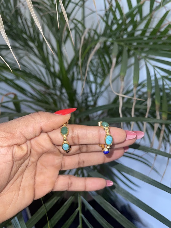 Gina Earrings gold-plated with green agate, turquoise, and lapis stones in a vertical design.