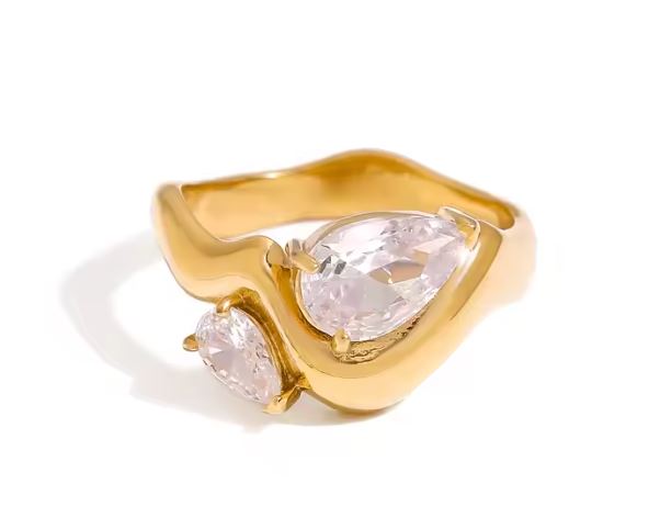 Selma Twin Pear-Cut Stone Ring with two cubic zirconia stones and 18k gold-plated wavy band design